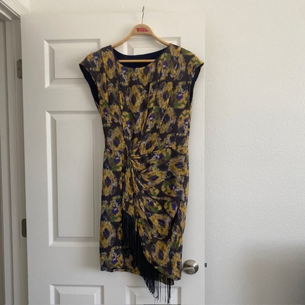 Thakoon Dress 100% Silk Lined Fringe Drape Knotted Waist Side Zip Women's‎ 8